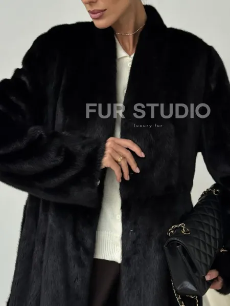 Длинная черная норковая шуба - фото 1