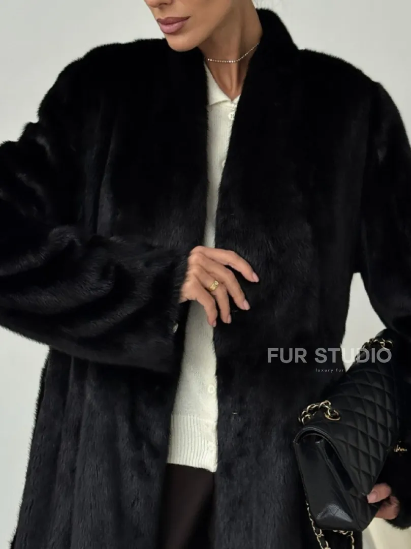 Длинная черная норковая шуба - фото 1