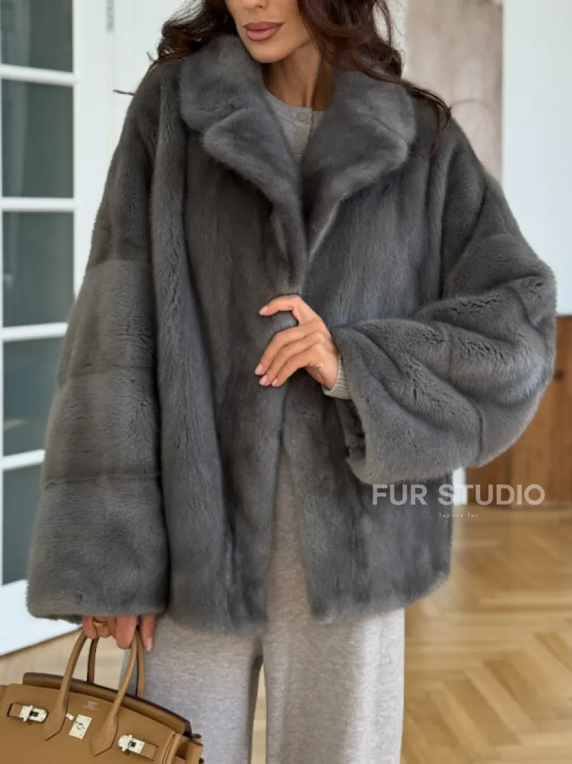 Норковая шуба цвет - серый графит - фото 4