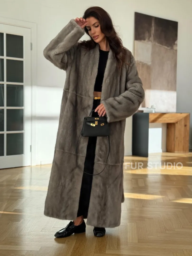 Норковая шуба серая длинная SILVER PREMIUM