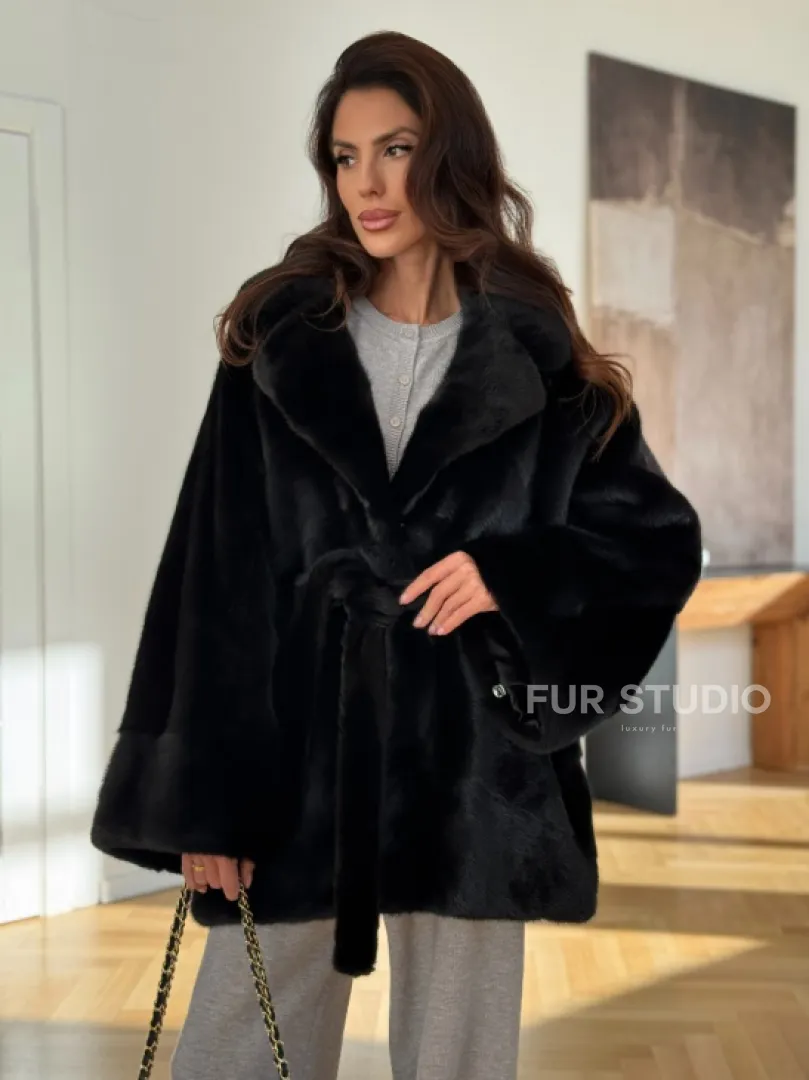 Шуба кимоно из норки - черная - фото 8