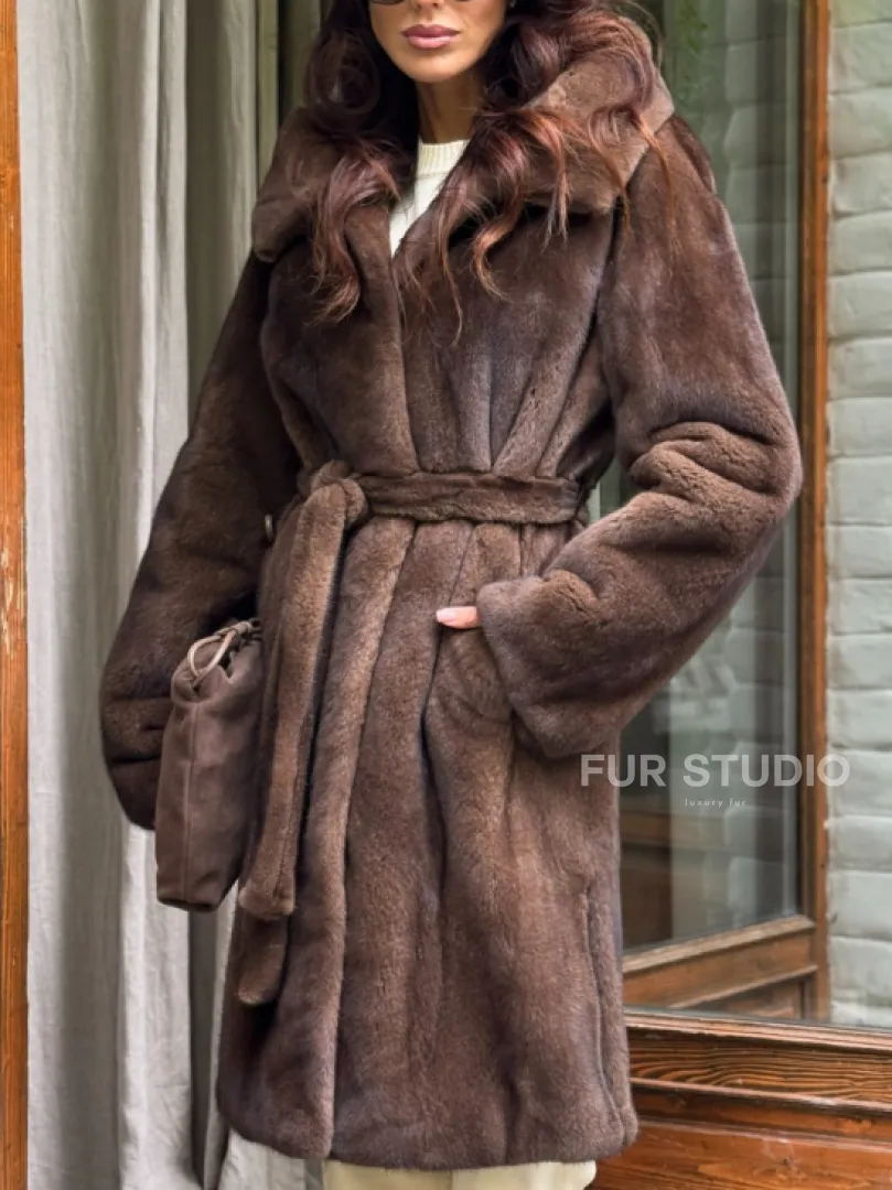 Норковая шуба с капюшоном - цвет орех - фото 1