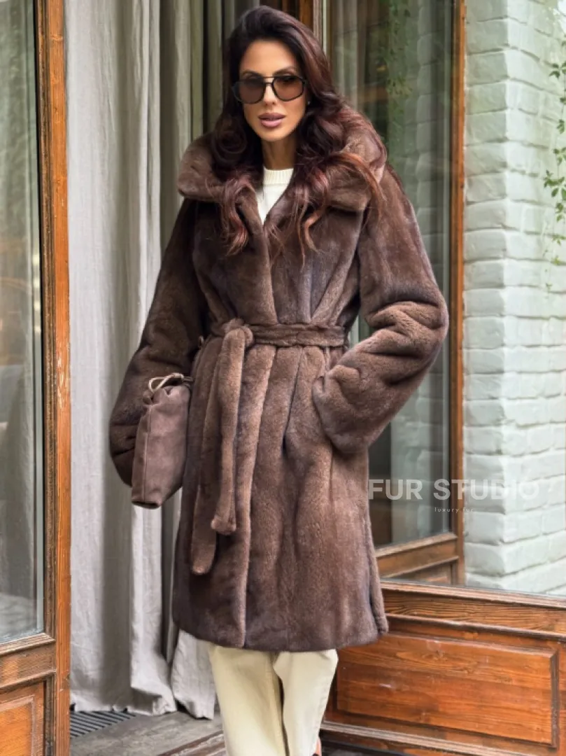 Норковая шуба с капюшоном - цвет орех - фото 0