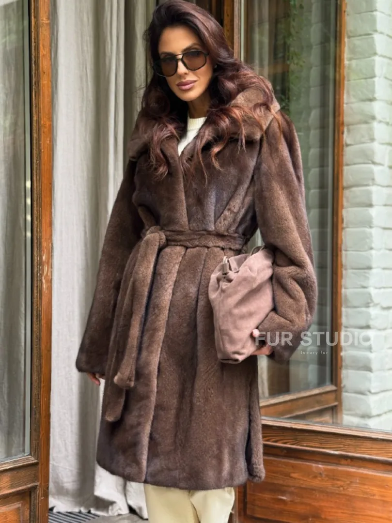 Норковая шуба с капюшоном - цвет орех - фото 2