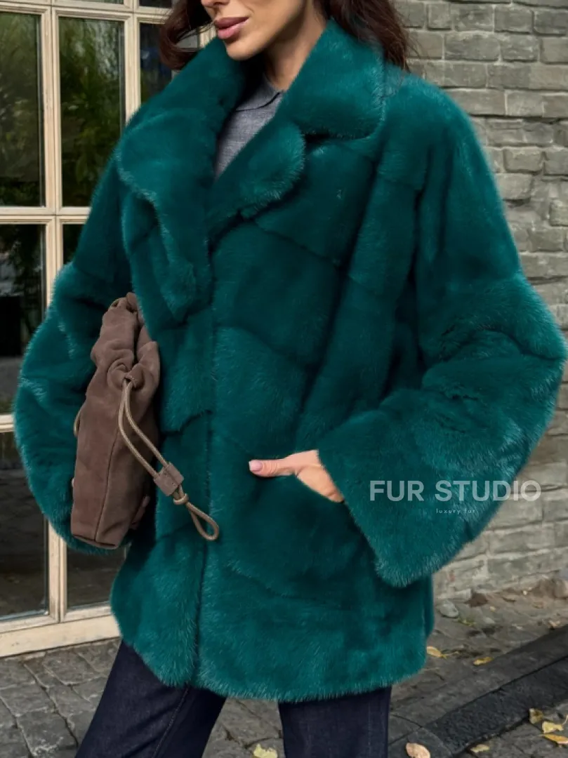 Полушубок норковый - цвет изумруд - фото 2