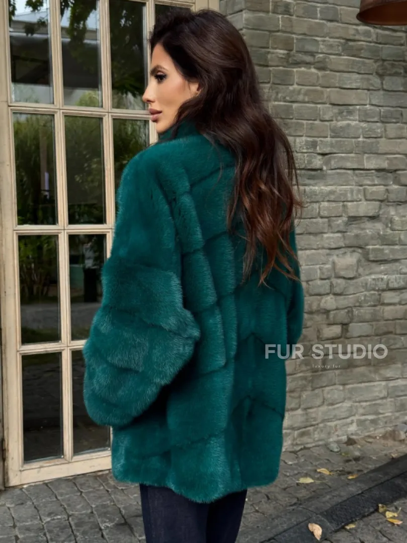 Полушубок норковый - цвет изумруд - фото 4