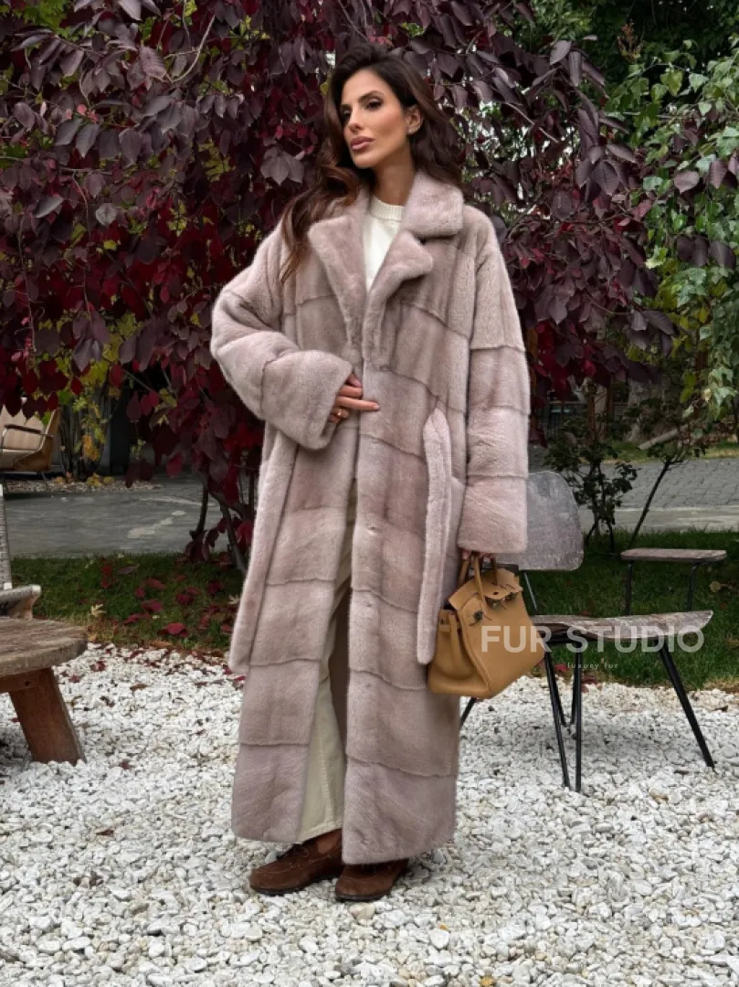 Длинная норковая шуба с поясом