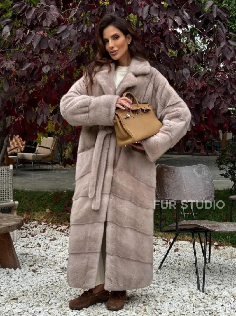 Длинная норковая шуба с поясом - фото 8