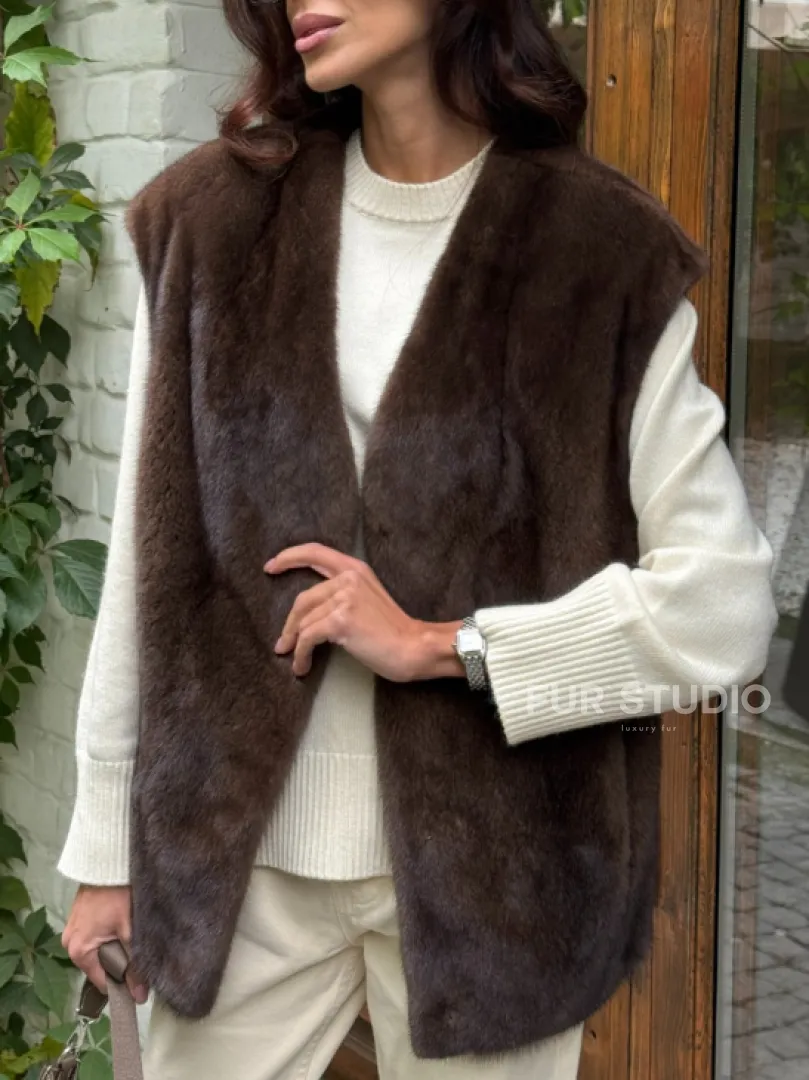 Жилет норковый - цвет коричневый - фото 2