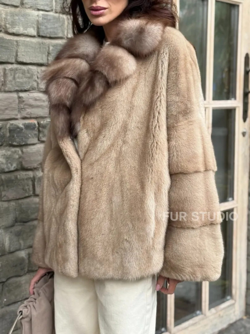 Норковый полушубок - автоледи с куницей - фото 1