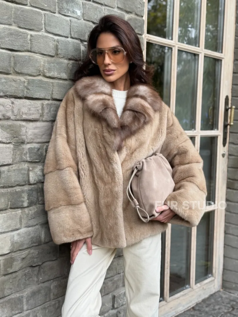 Норковый полушубок - автоледи с куницей - фото 5