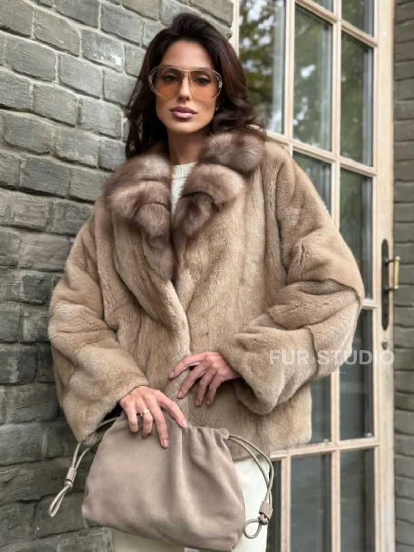 Норковый полушубок - автоледи с куницей - фото 0