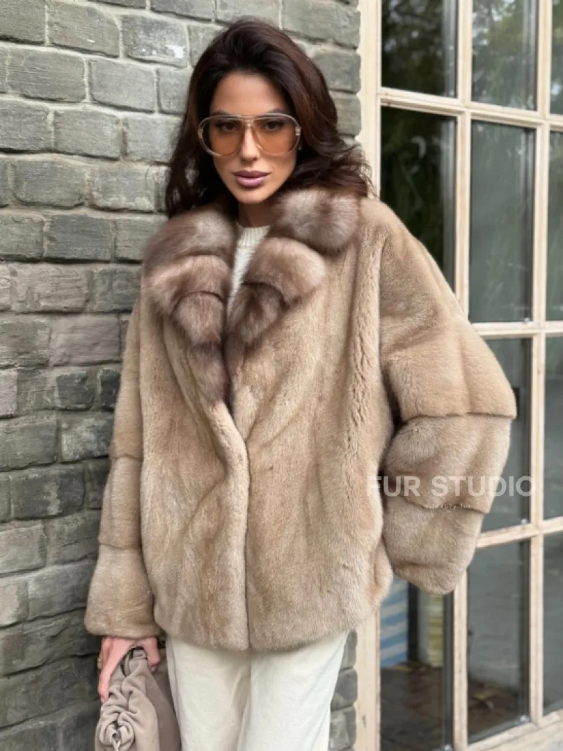 Норковый полушубок - автоледи с куницей - фото 3