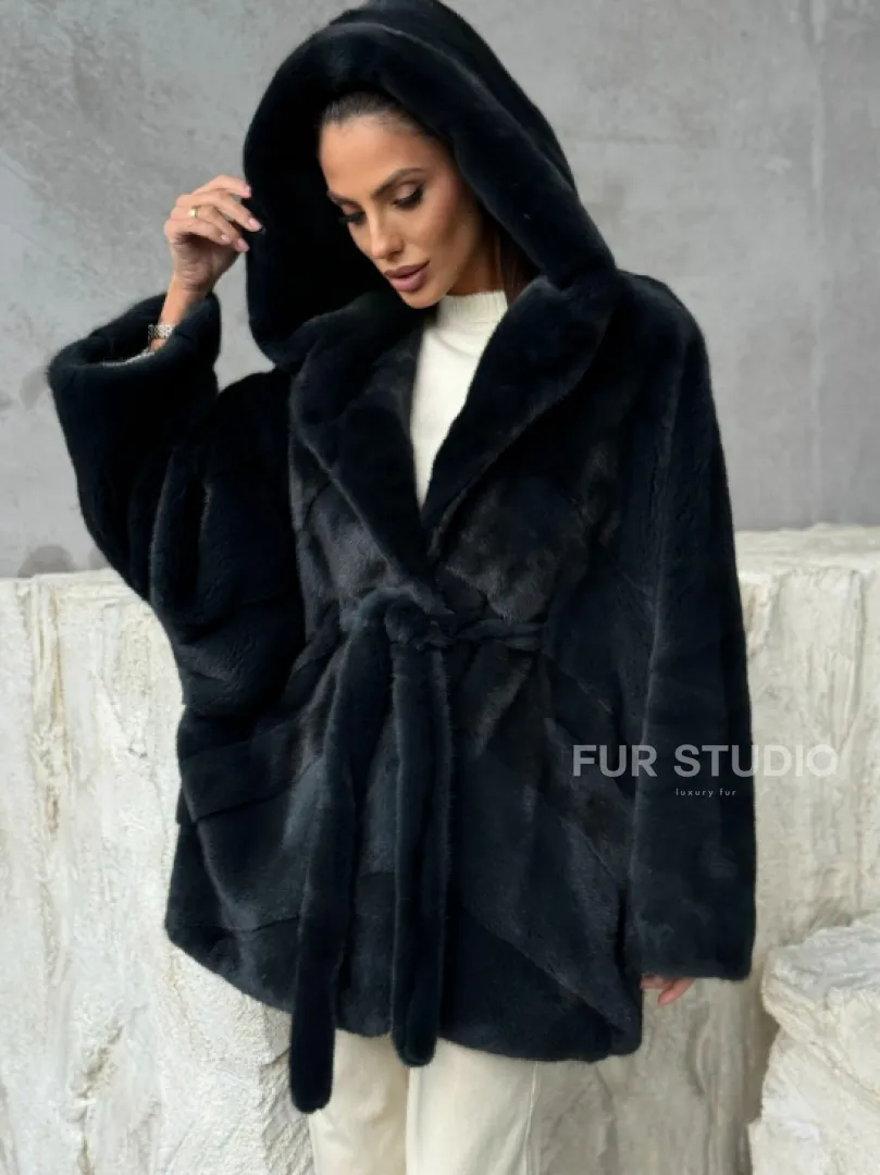 Шуба норковая летучая мышь с капюшоном - фото 3