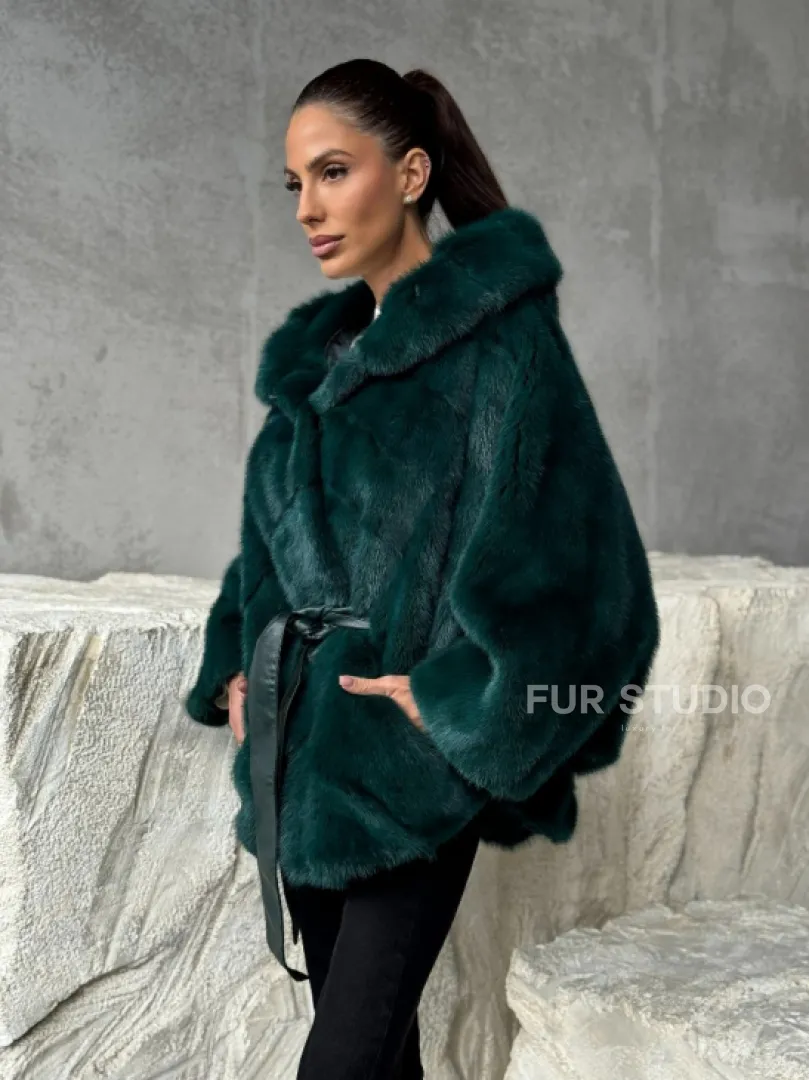 Норковый полушубок с капюшоном - фото 7