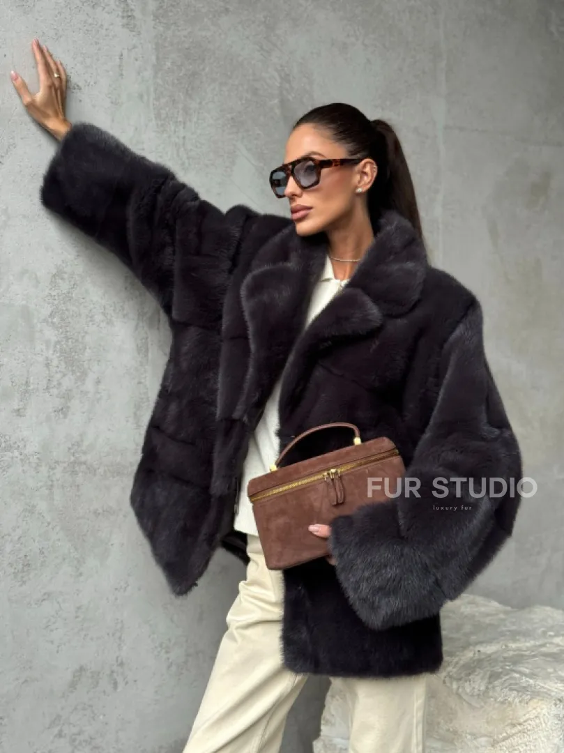 Меховой полушубок из норки  графит - фото 12