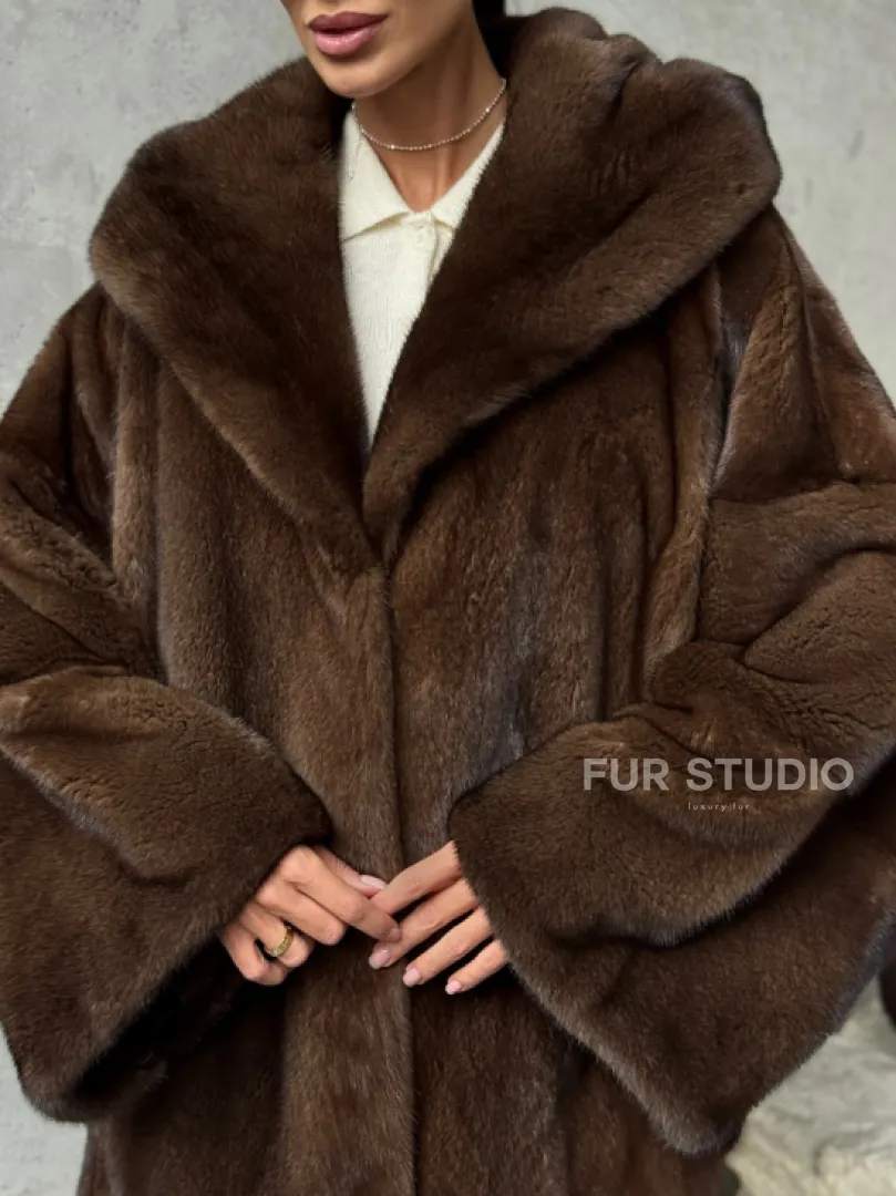 Норковый полушубок с капюшоном - цвет коричневый - фото 1
