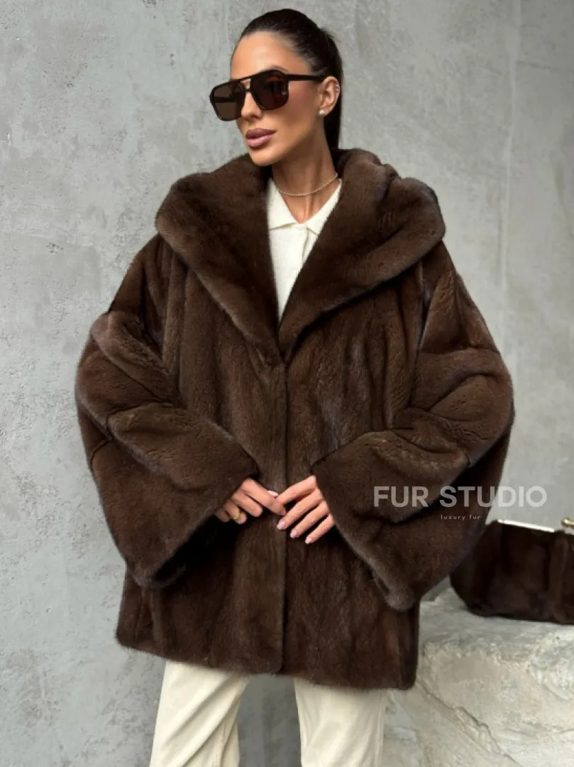 Норковый полушубок с капюшоном - цвет коричневый - фото 0