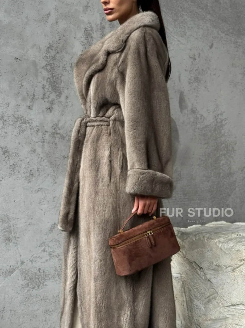 Длинная норковая шуба - цвет серый - фото 4