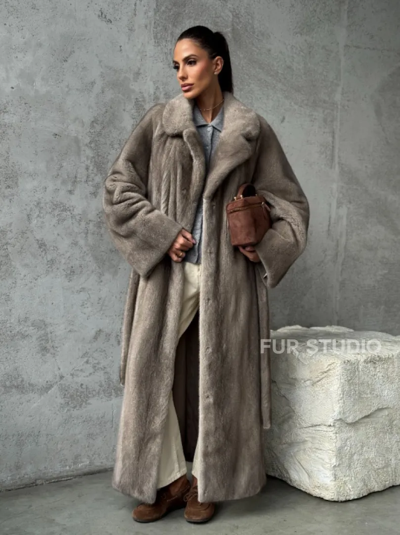 Длинная норковая шуба - цвет серый - фото 12