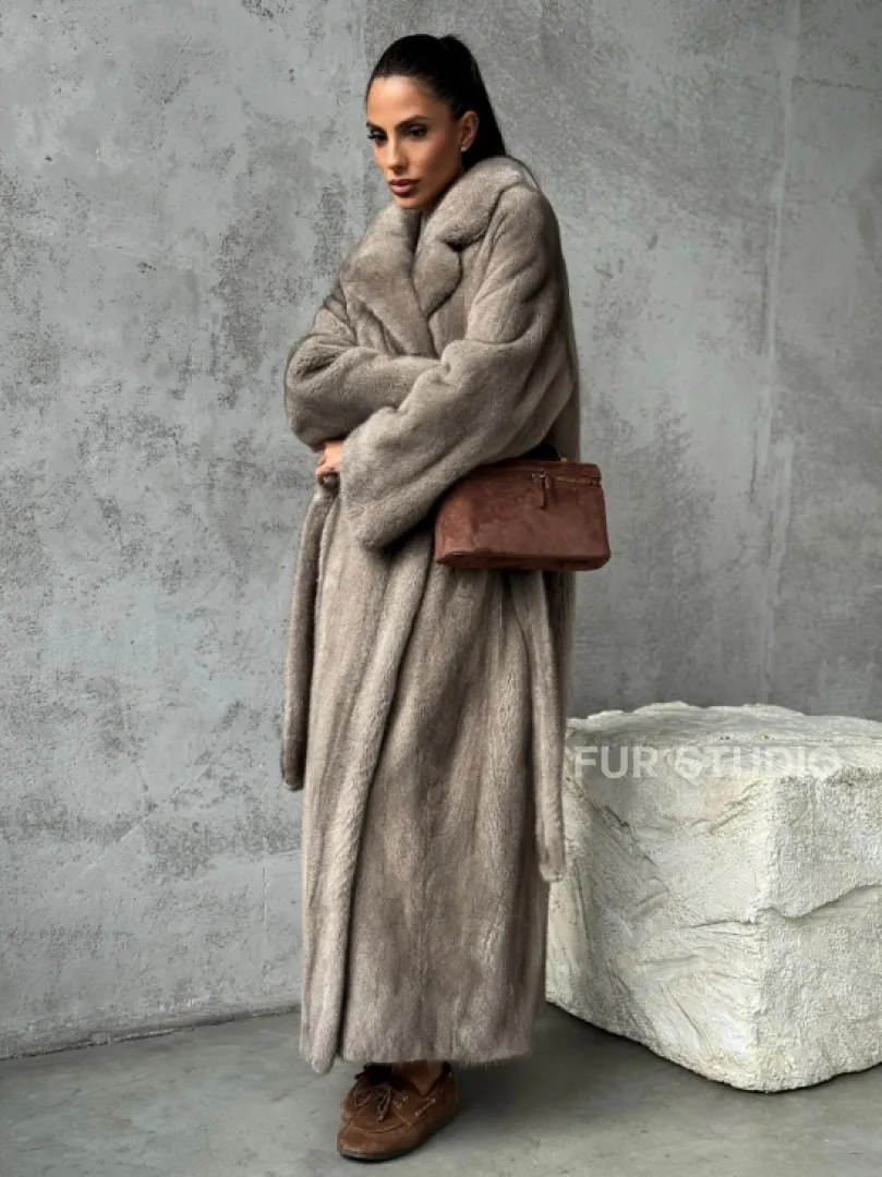 Длинная норковая шуба - цвет серый