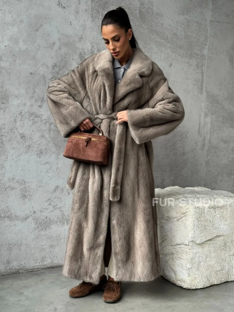 Длинная норковая шуба - цвет серый - фото 8