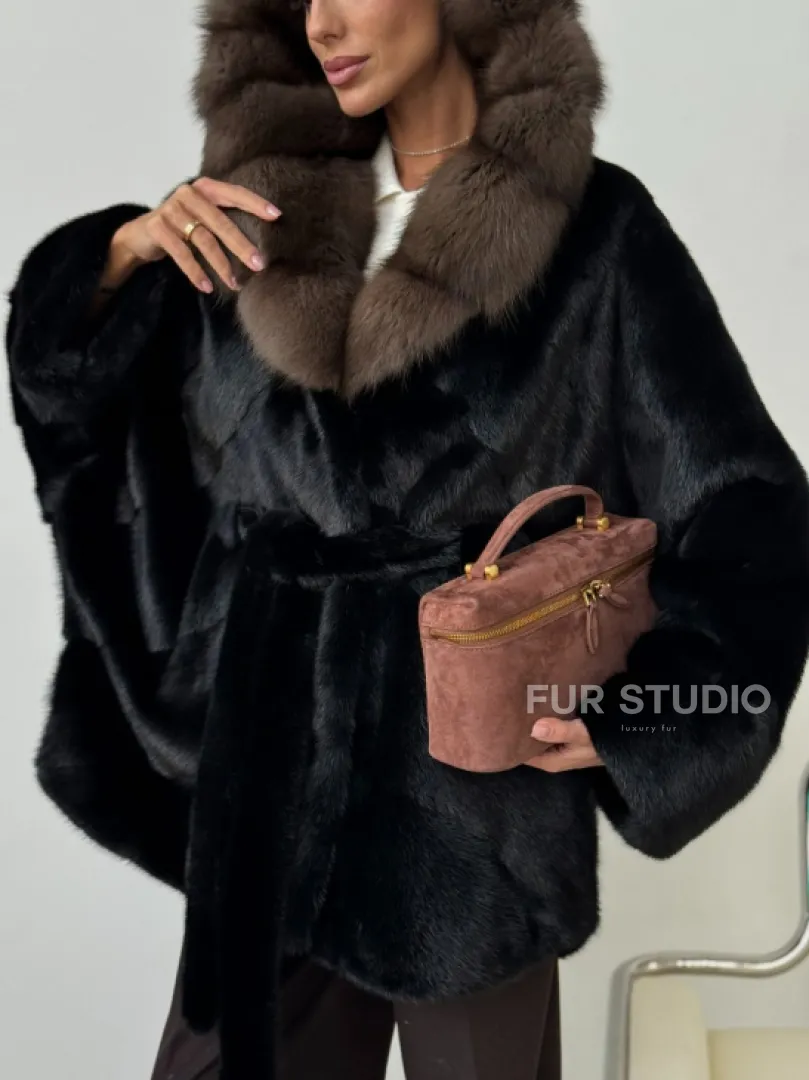 Норковый полушубок с капюшоном - летучая мышь - фото 4