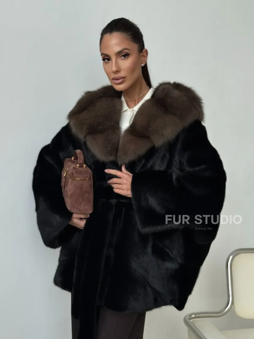 Норковый полушубок с капюшоном - летучая мышь - фото 0