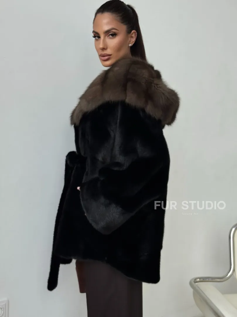 Норковый полушубок с капюшоном - летучая мышь - фото 5