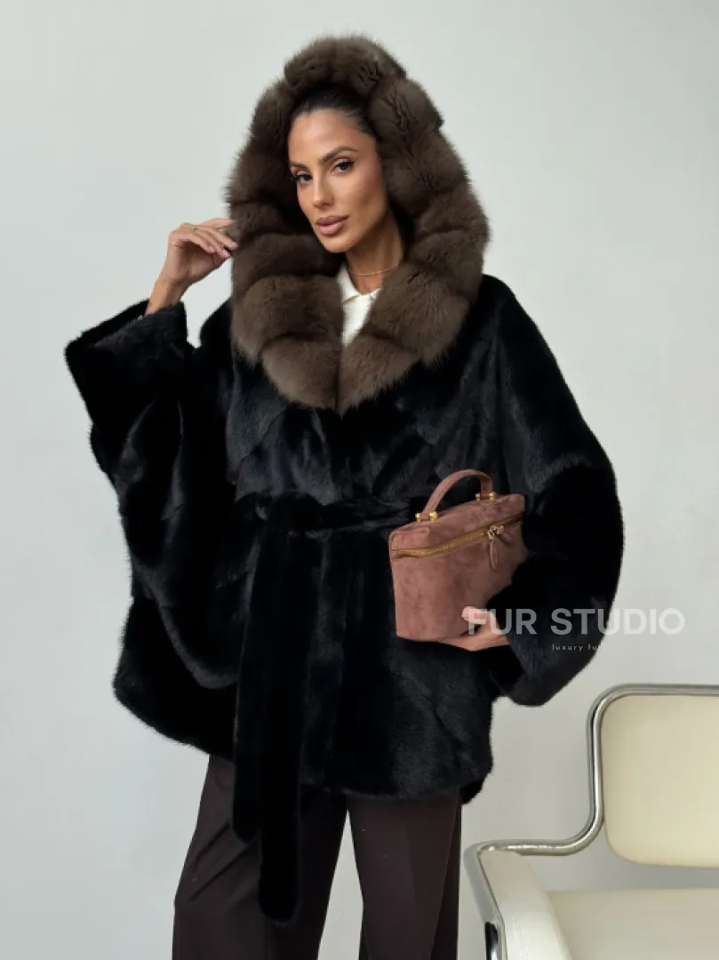 Норковый полушубок с капюшоном - летучая мышь - фото 9