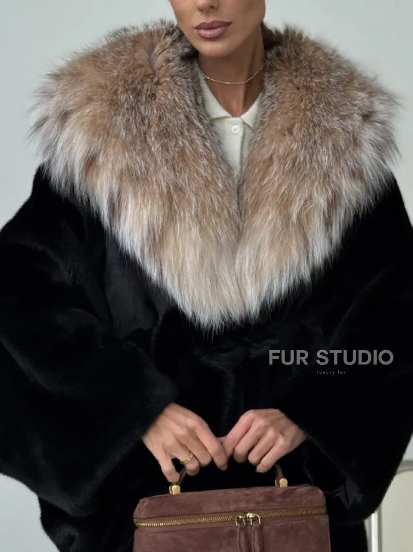 Норковый полушубок с капюшоном рысь - фото 1