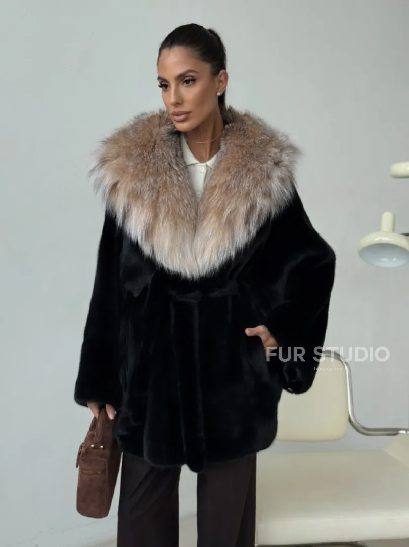 Норковый полушубок с капюшоном рысь - фото 10