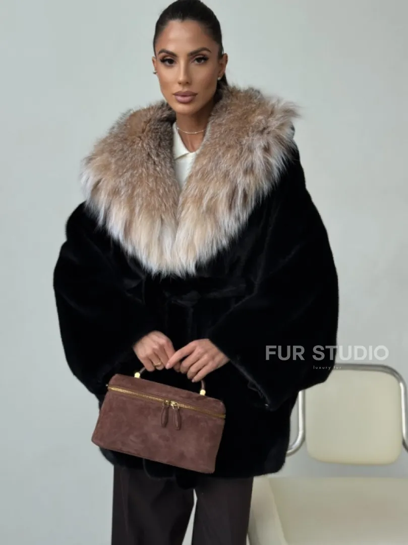 Норковый полушубок с капюшоном рысь - фото 0