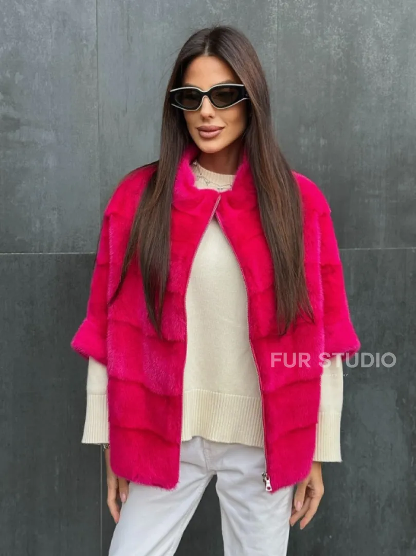 Норковая кофта на молнии - фуксия
