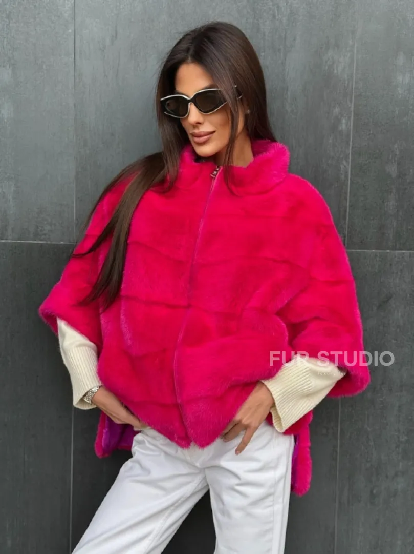 Норковая кофта на молнии - фуксия
