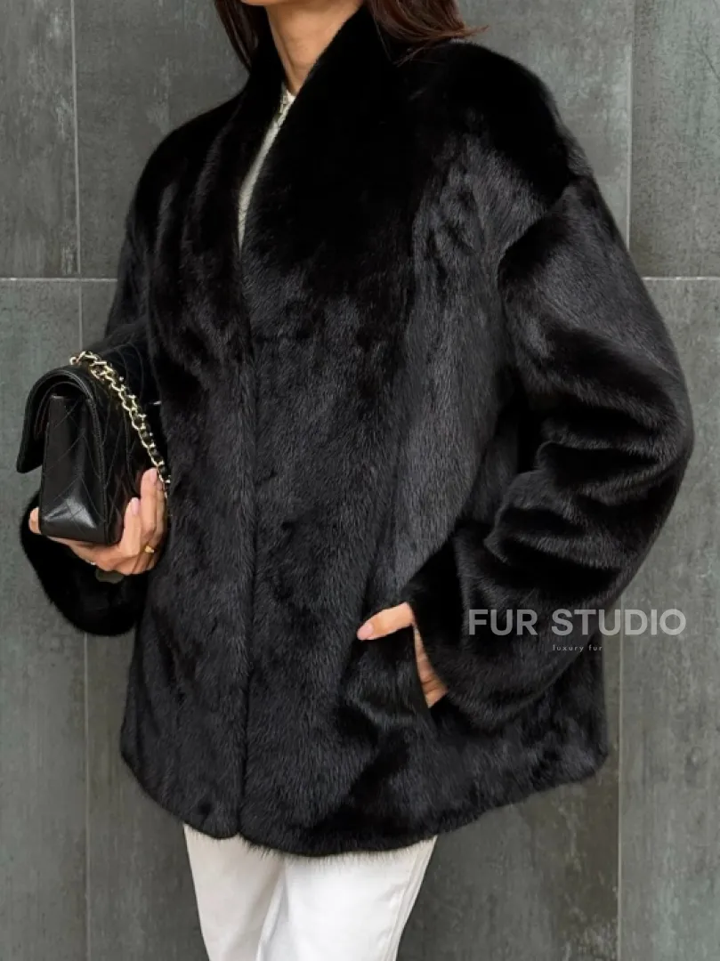 Черный норковый полушубок V-образный воротник - фото 1