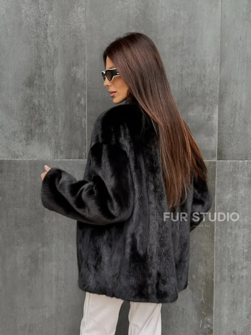 Черный норковый полушубок V-образный воротник - фото 8