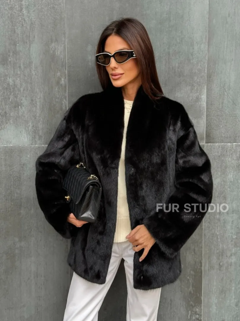 Черный норковый полушубок V-образный воротник