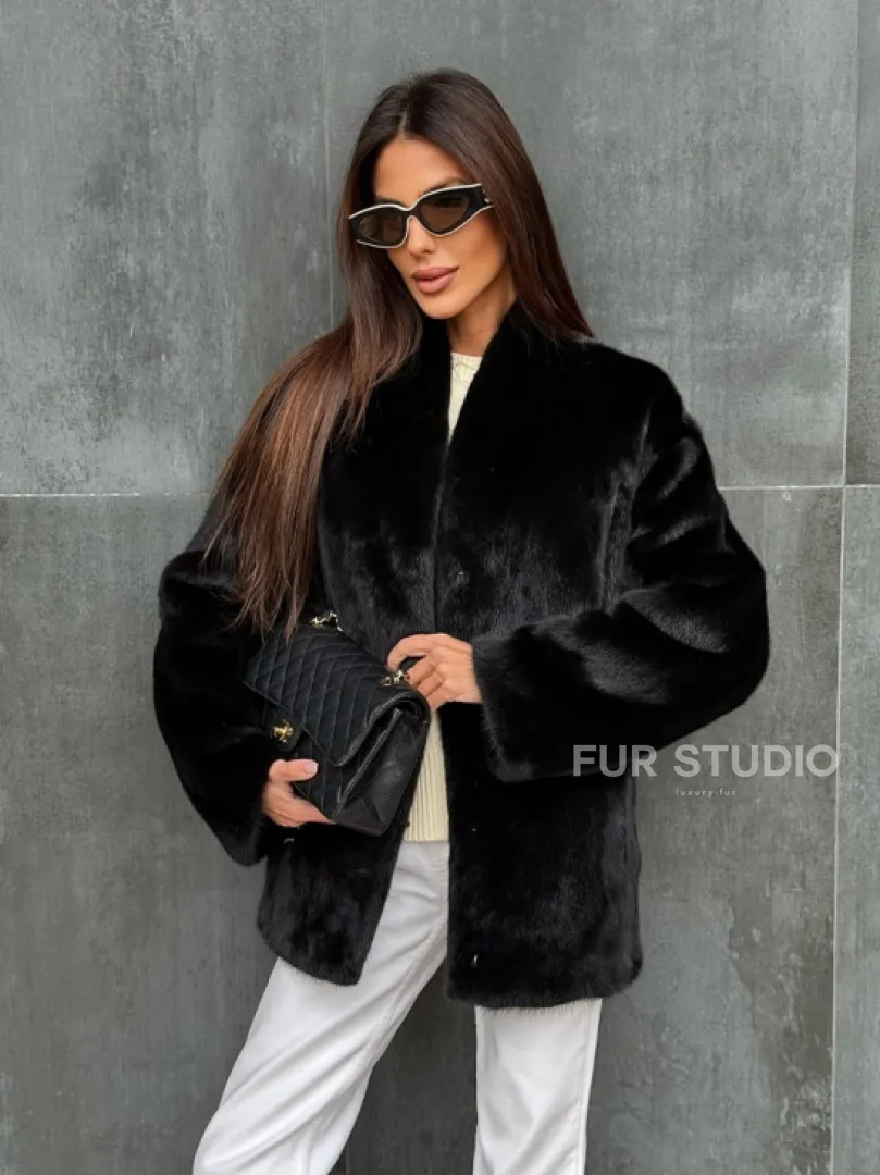 Черный норковый полушубок V-образный воротник
