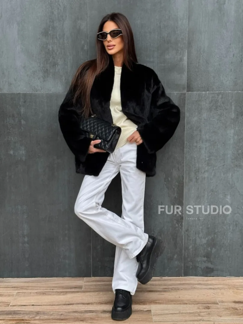 Черный норковый полушубок V-образный воротник