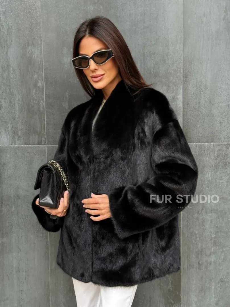 Черный норковый полушубок V-образный воротник - фото 6