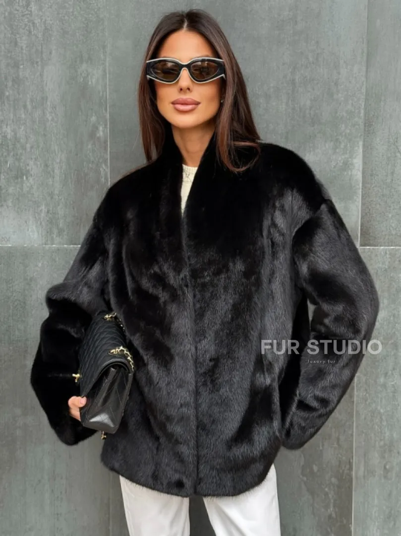 Черный норковый полушубок V-образный воротник - фото 2