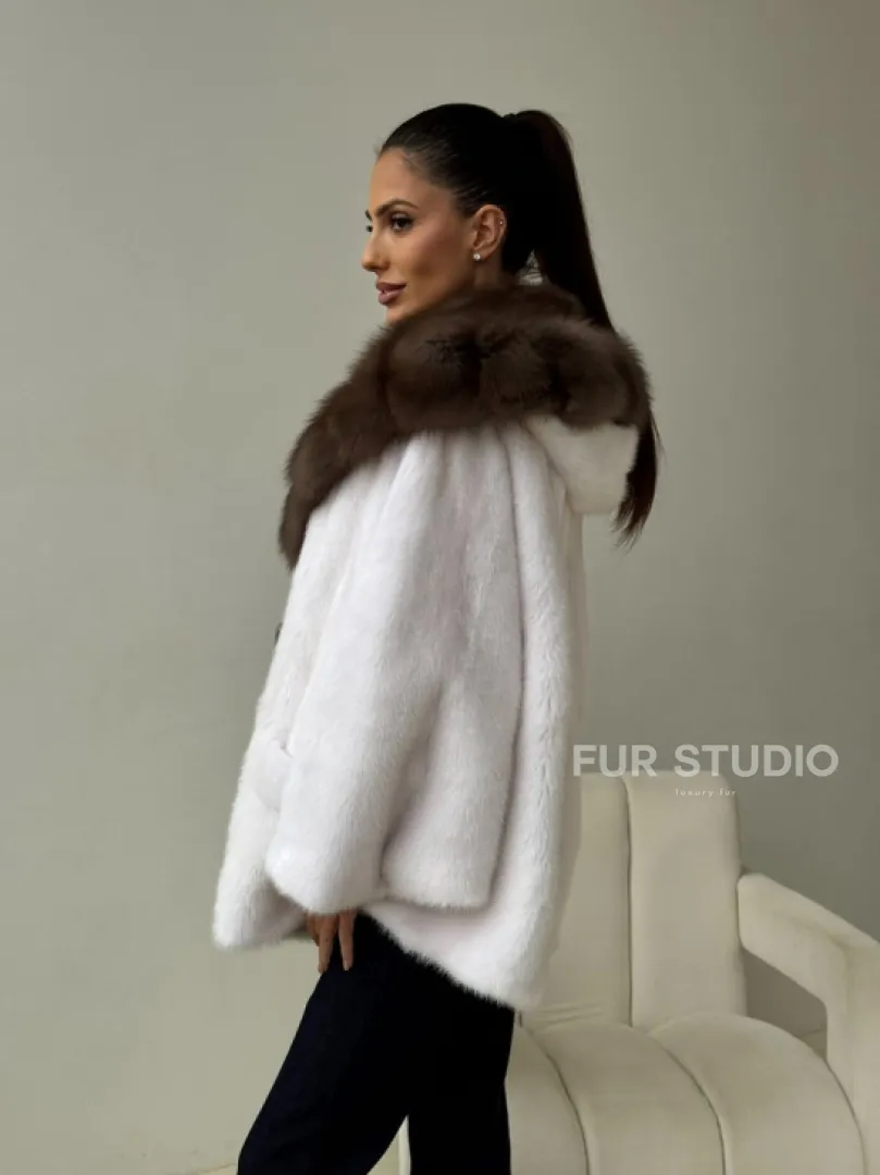 Белый норковый полушубок с куницей -  летучая мышь - фото 12