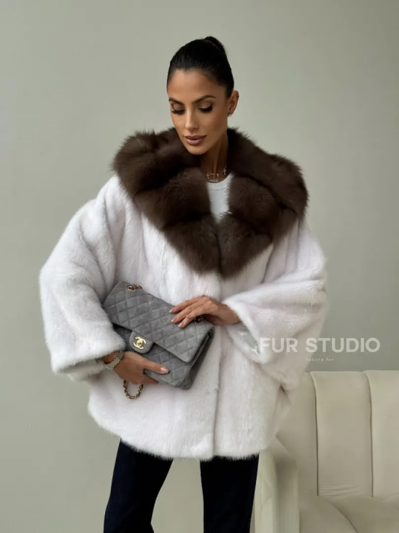 Белый норковый полушубок с куницей -  летучая мышь - фото 11