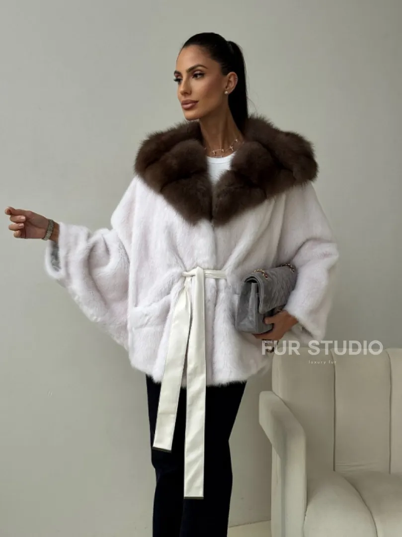 Белый норковый полушубок с куницей -  летучая мышь - фото 10