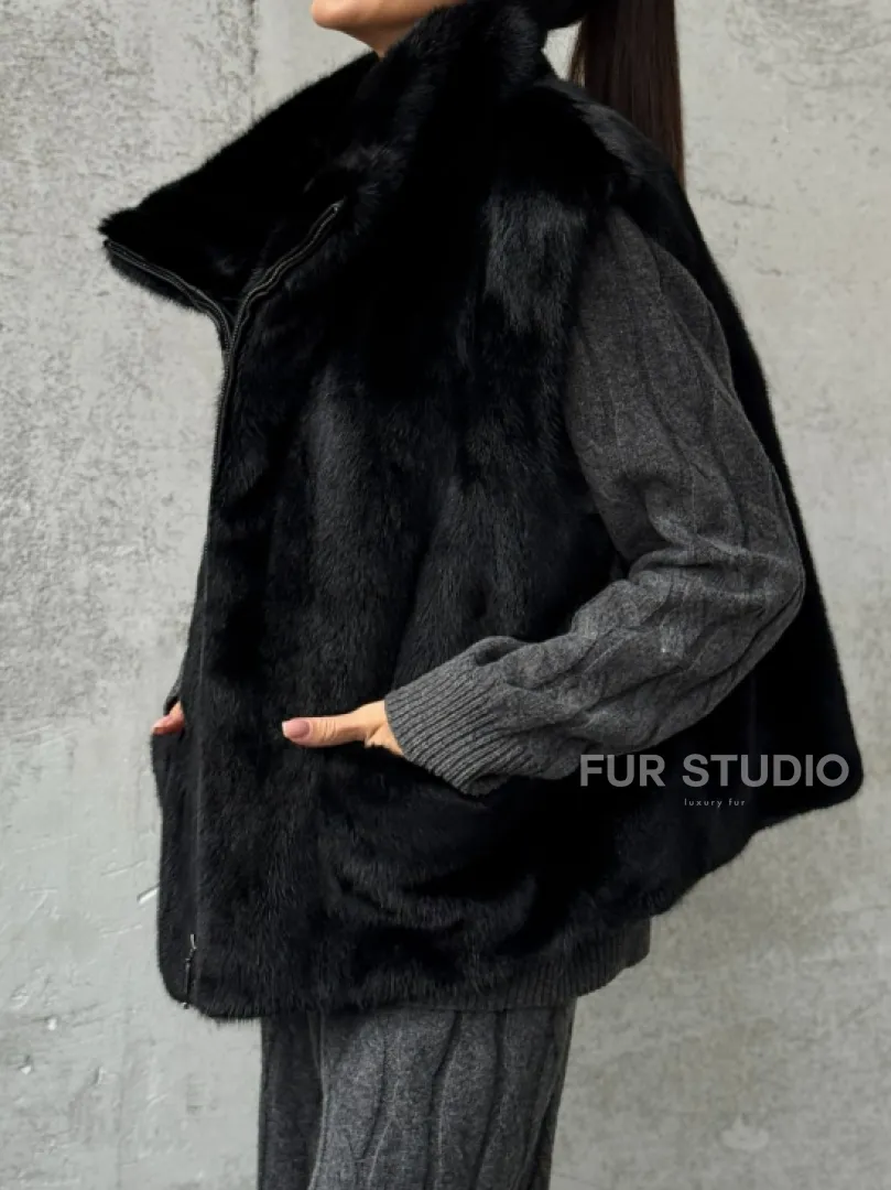 Черная норковая жилетка - фото 3