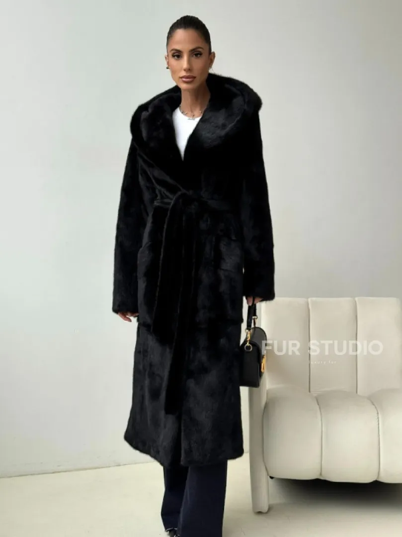Черная норковая шуба с капюшоном - фото 6