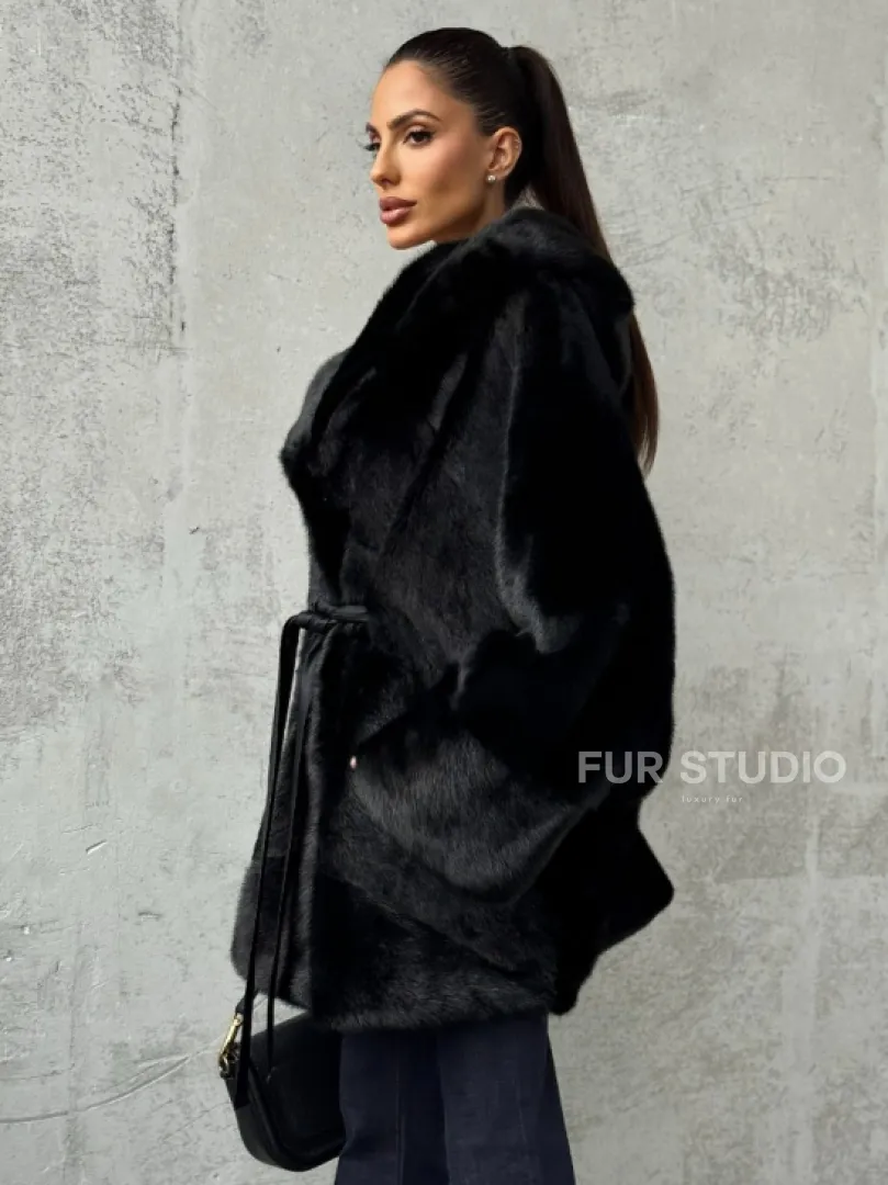 Полушубок черный норковый с капюшоном - фото 5