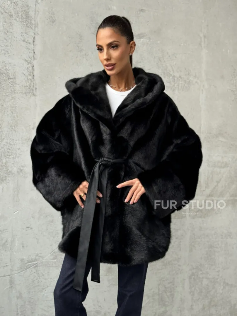 Полушубок черный норковый с капюшоном - фото 8