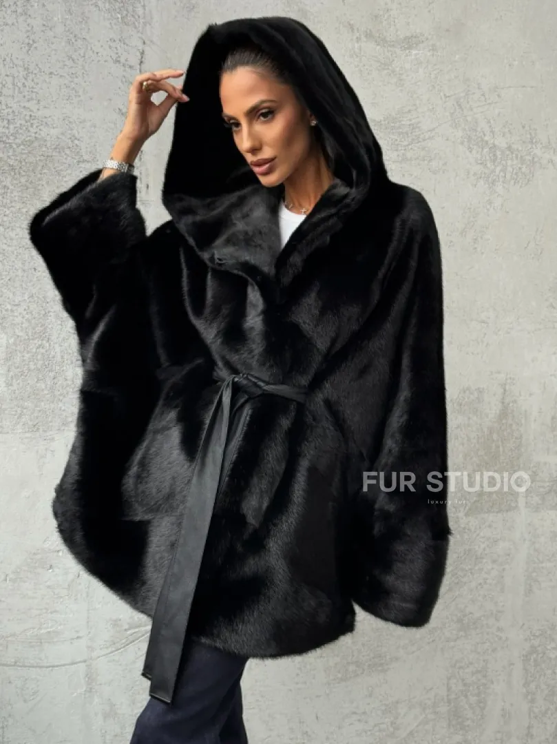 Полушубок черный норковый с капюшоном - фото 4